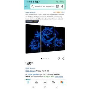 Blue Rose Wall Art, 3 Piece Royal Blue Rose Canvas Print